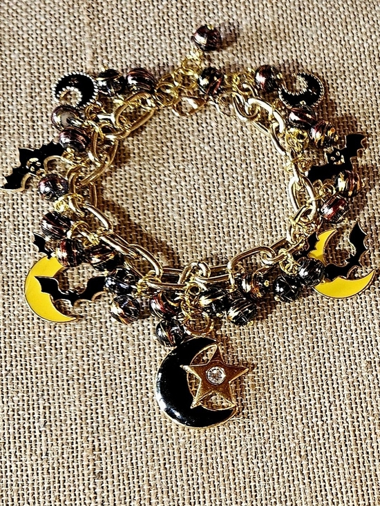 Handcrafted Jewelry - Gold-Tone Moon, Stars And Black Bats Charm Bracelet in Black and Yellow